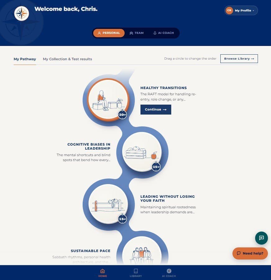 My Pathway: the modules you saved, in your order. Tap one to pick up where you left off.
