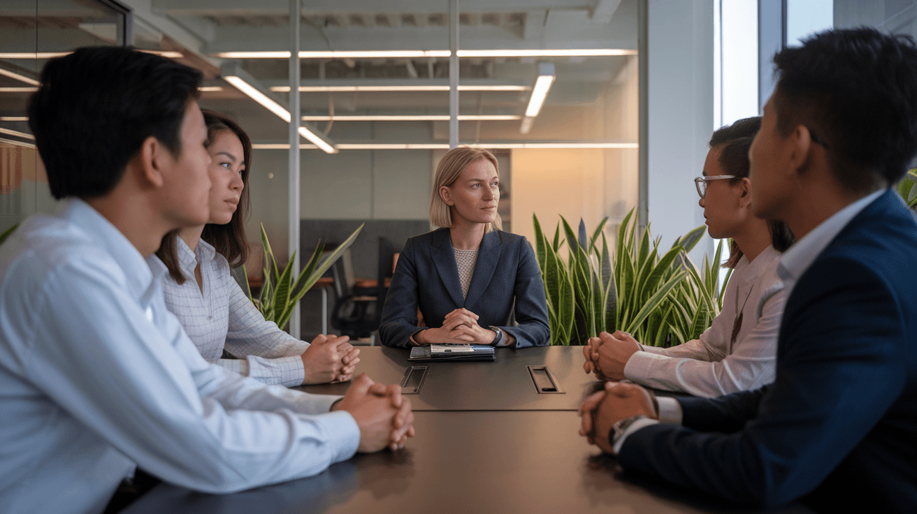 Cross-cultural team meeting showing power distance dynamics