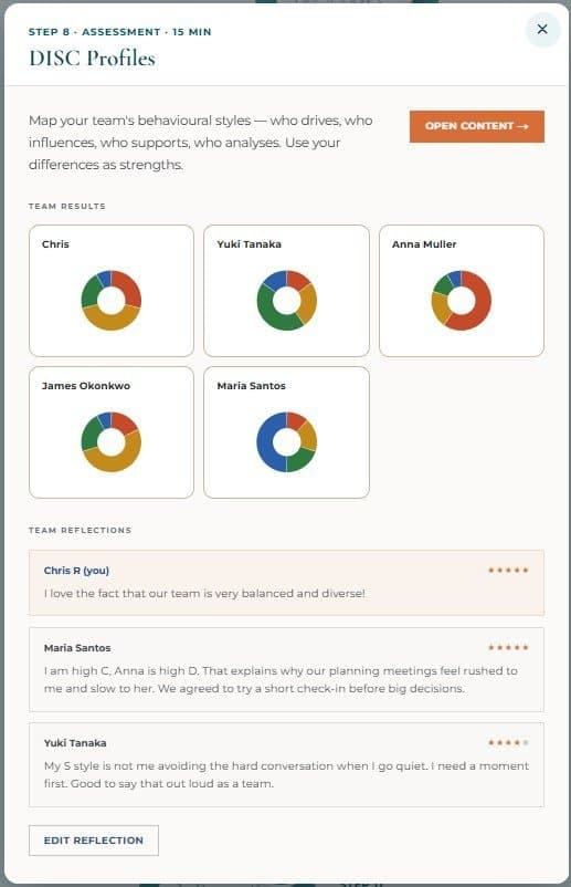 The team view: every member's assessment results side by side, so the whole team can see how it is wired before the next hard conversation.